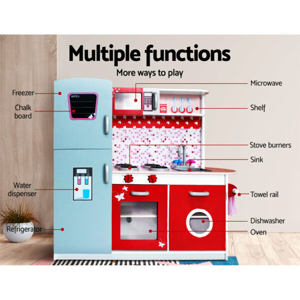 Keezi Kids Kitchen Play Set Wooden Pretend Toys Cooking Children Fridge Oven Red - Image 3