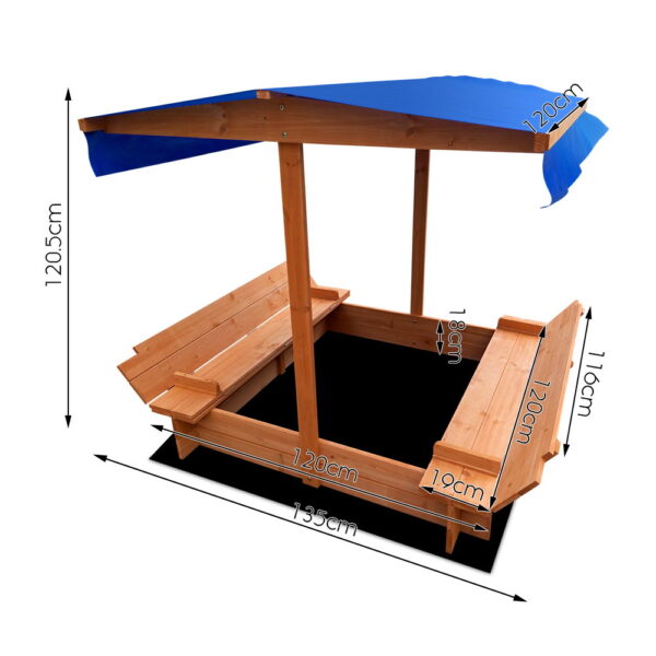 Keezi Kids Sandpit Wooden Sandbox Sand Pit with Canopy Foldable Seat Toys 120cm - Image 2