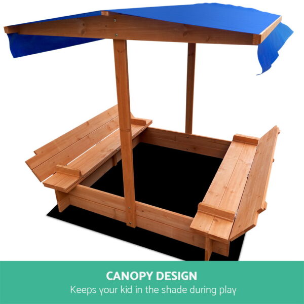 Keezi Kids Sandpit Wooden Sandbox Sand Pit with Canopy Foldable Seat Toys 120cm - Image 3