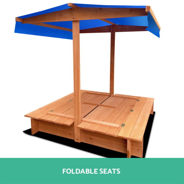 Keezi Kids Sandpit Wooden Sandbox Sand Pit with Canopy Foldable Seat Toys 120cm - Image 4