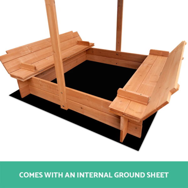 Keezi Kids Sandpit Wooden Sandbox Sand Pit with Canopy Foldable Seat Toys 120cm - Image 6