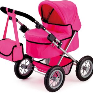 Foldable Dolls Pram with Height-Adjustable Handle and Shoulder Bag, Stable, Pink