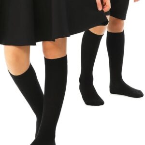 Knee High School Socks for Girls Boys Plain Cotton Rich Kids Seamless No Seam - 6-11 (Black)