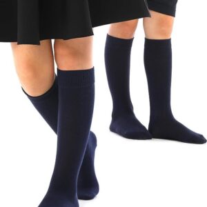 Knee High School Socks for Girls Boys Plain Cotton Rich Kids Seamless No Seam - 6-11 (Navy)