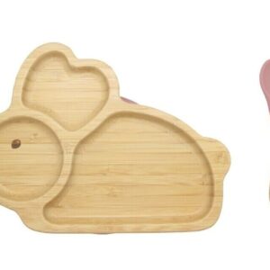 Bamboo Kids Children Baby Plate Bowl & Silicon Suction Cap Base & Spoon - Rabbit