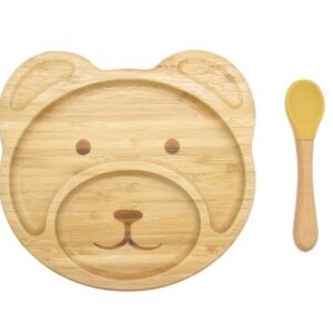 Bamboo Kid Child Baby Plate Bowl & Silicon Suction Cap Base & Spoon - Teddy Bear