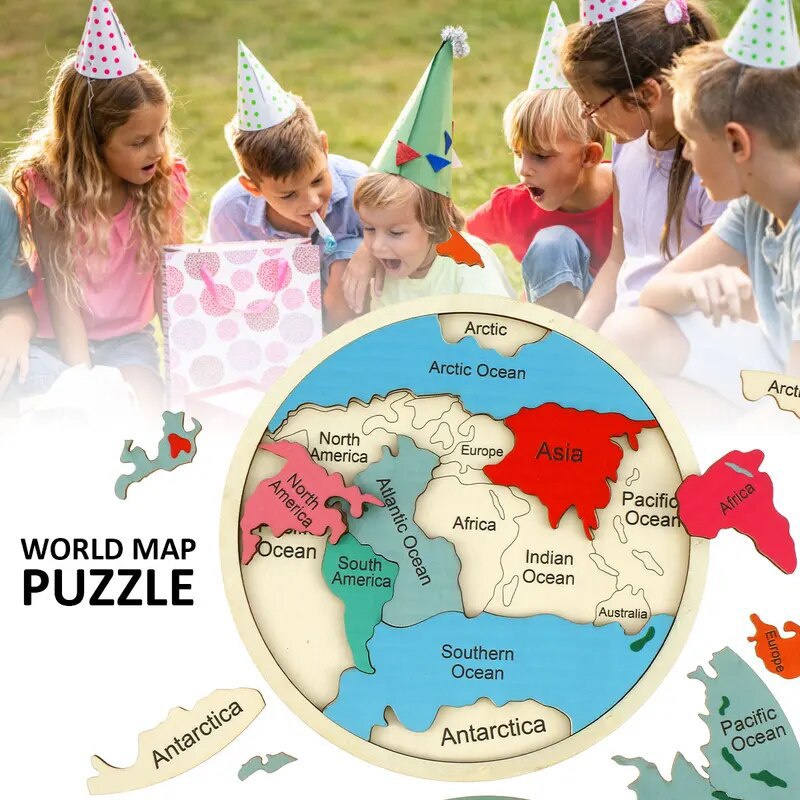 Colorful Wooden World Map Puzzle - 7 Continents Educational Geography Toy for Kids