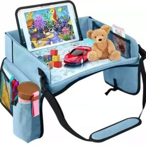 Blue Car Seat Organizer Tray for Kids - Travel Toy Storage with 43Ã—36.5Ã—30cm Large Capacity - Backseat Activity Tray with Storage Pockets
