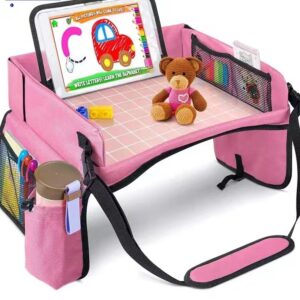 Pink Car Seat Organizer Tray for Kids - Travel Toy Storage with 43x36.5x30cm Large Capacity - Backseat Activity Tray with Storage Pockets